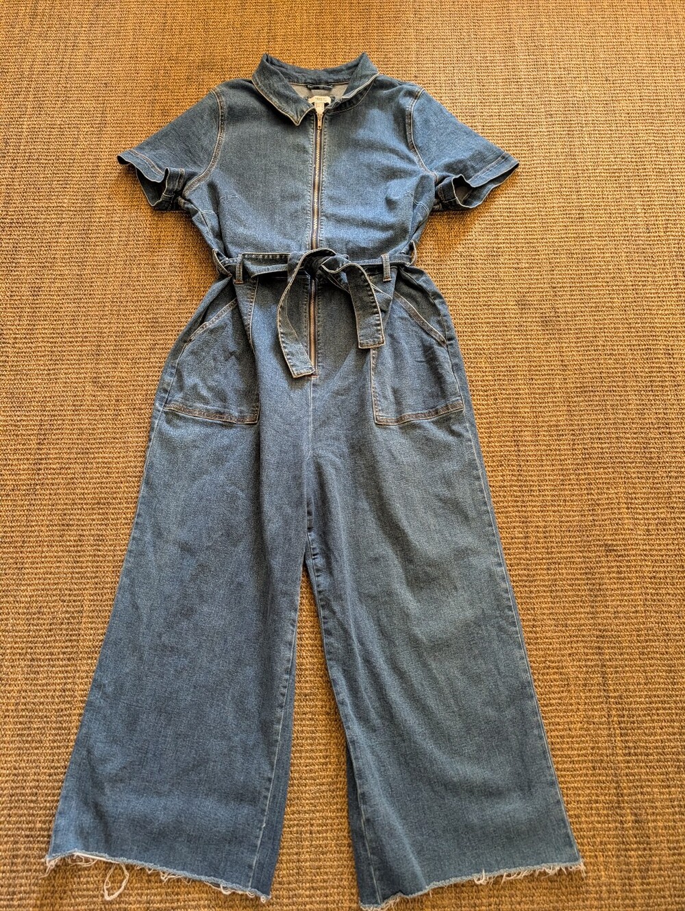 Forever 21 Blue Denim Short-Sleeve Zip Jumpsuit with Tie Belt Raw Hem